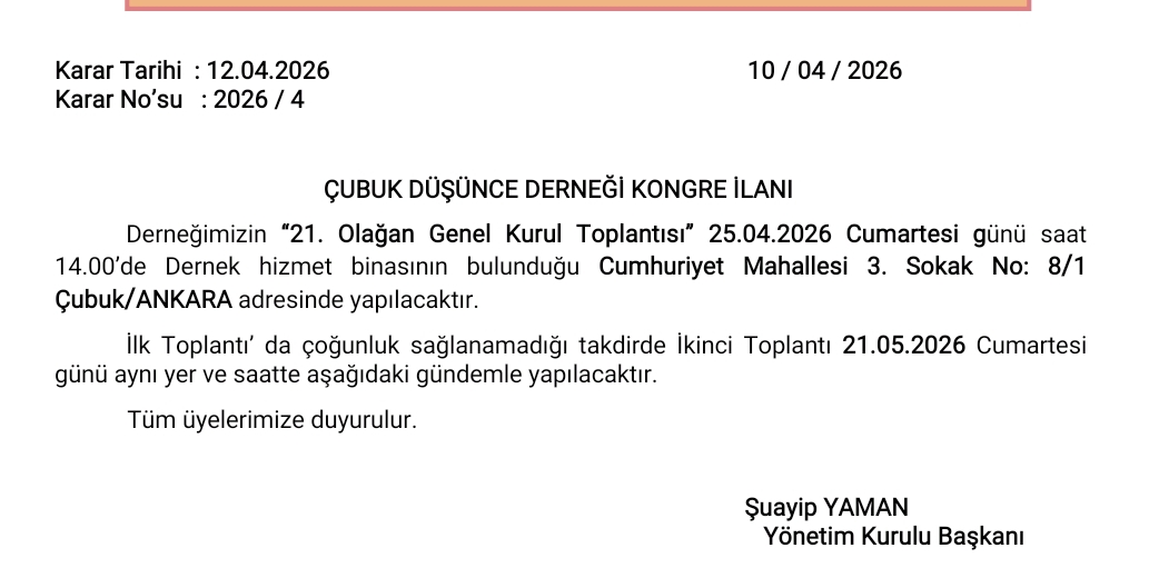 Çubuk Düşünce Derneği 21. Olağan Genel Kurulu’na Gidiyor