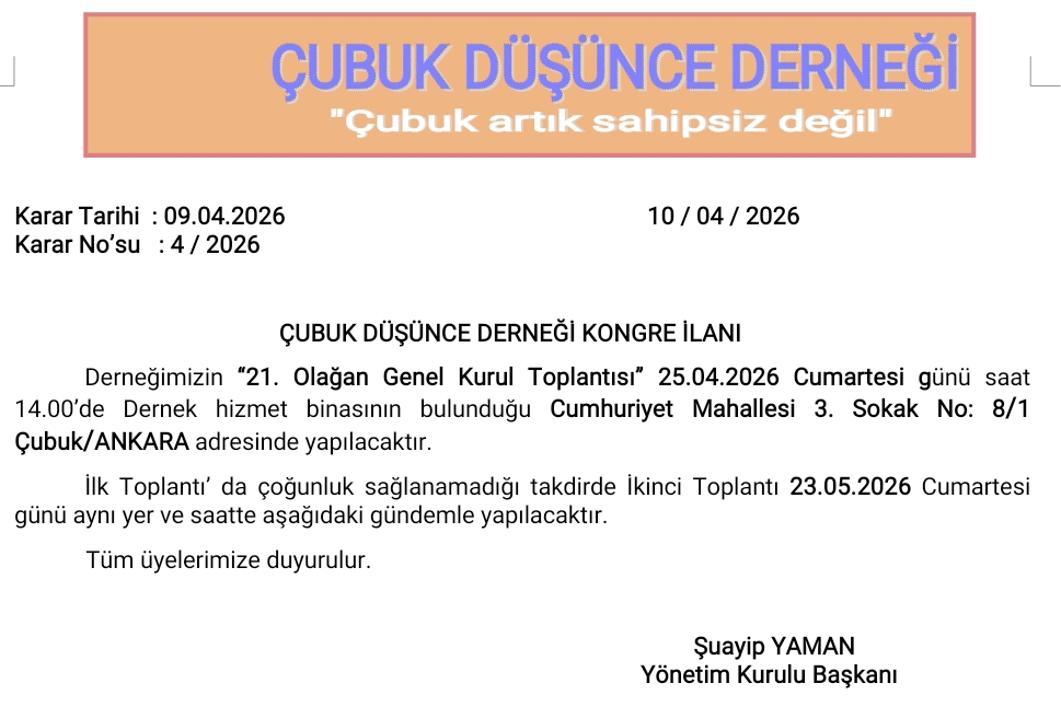 Çubuk Düşünce Derneği 21. Olağan Genel Kurulu’na Gidiyor